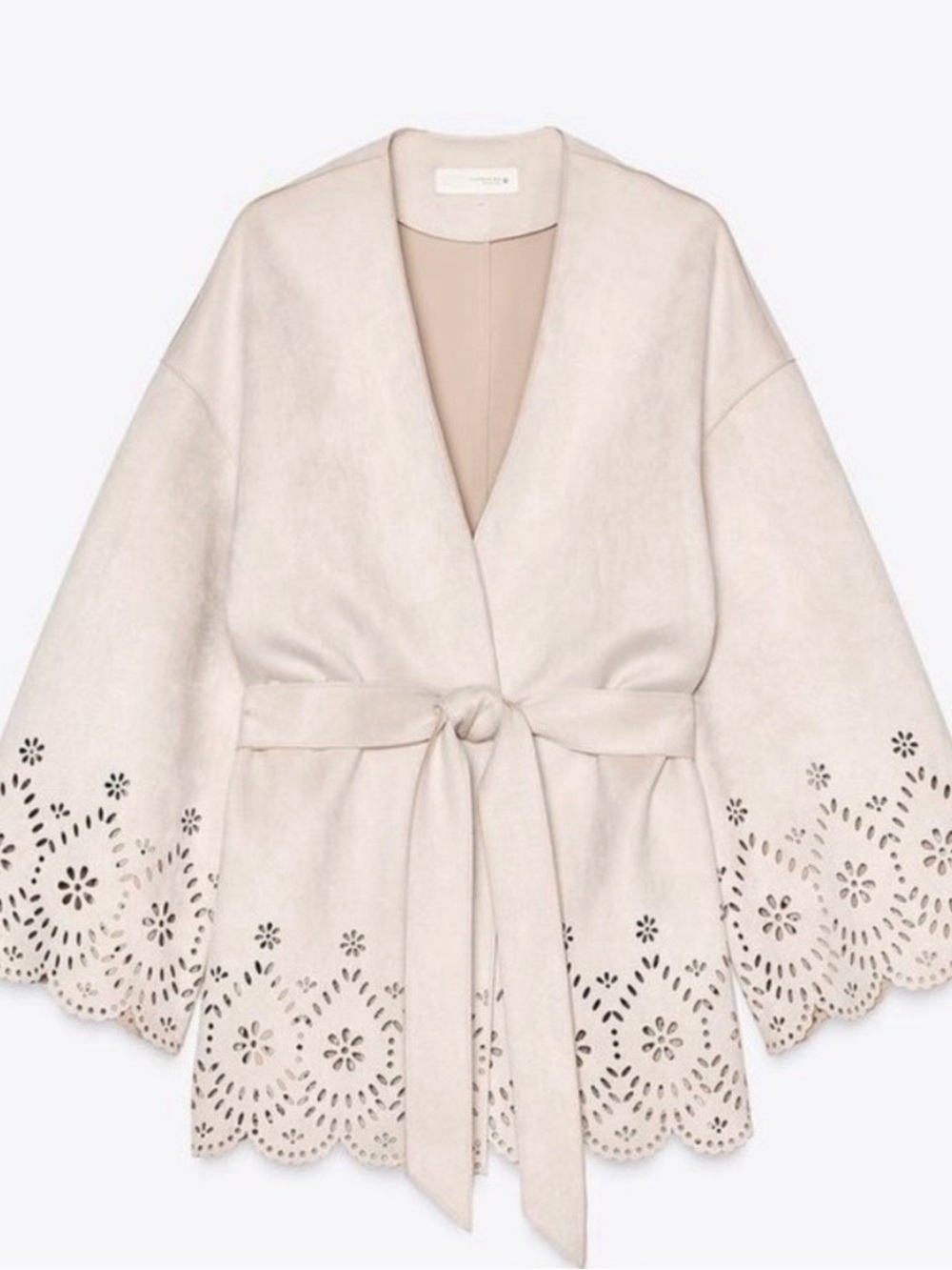 Zara Cream Laser-Cut Tie-Waist Kimono Trench Coat